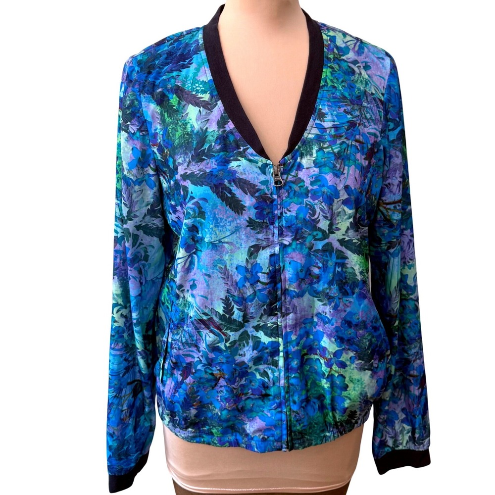 Hinge Blue Floral Zip Jacket Blouse Women S Lightweight Artsy Boho Y2K Chic